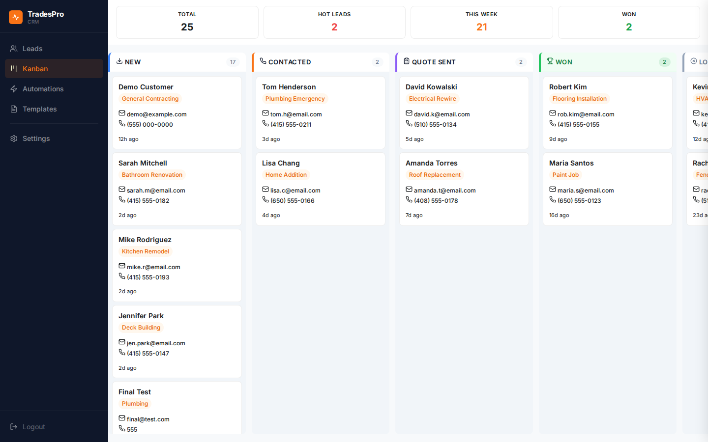 TradesPro CRM, kanban job-flow view with New, Contacted, Quote Sent, Won columns
