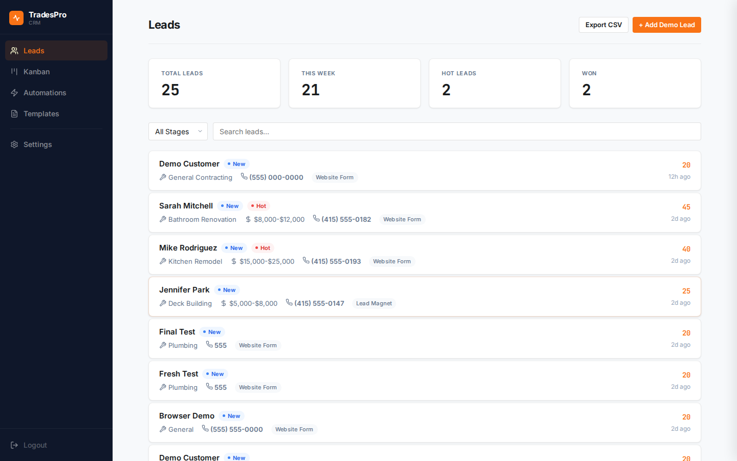 TradesPro CRM, lead list view showing scored leads by trade type