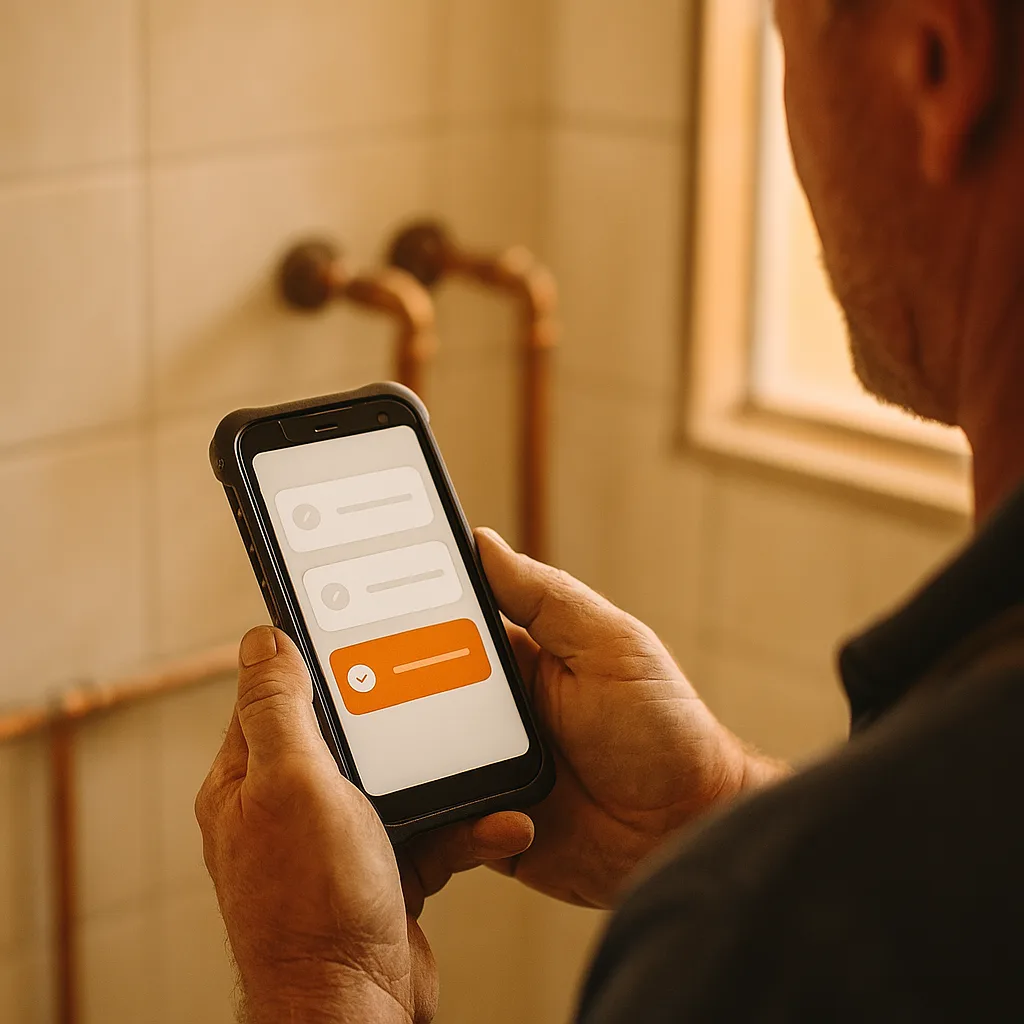 Plumber checking his job inbox on his phone at a worksite