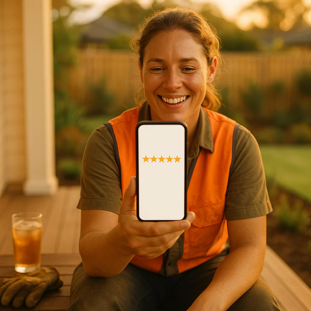 Landscaper smiling at a five-star review on her phone