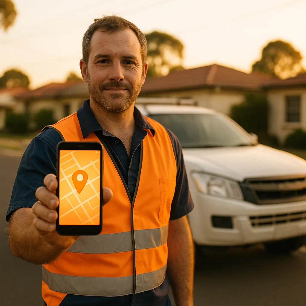 Electrician checking his business on Google Maps outside an Australian home