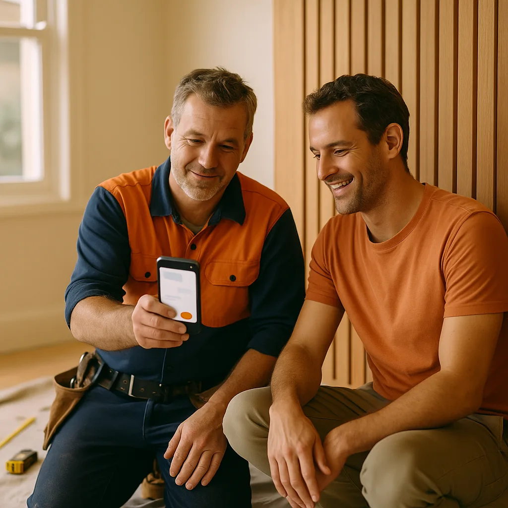Carpenter showing a homeowner the new website on his phone