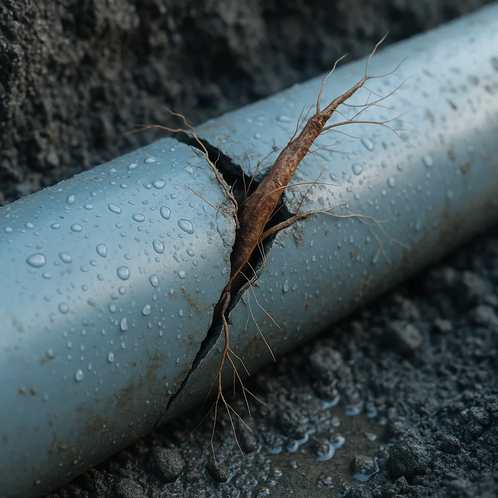 Tree root intrusion in drain pipe